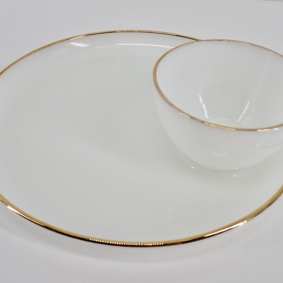 Fire King Anchor Hocking 22k Gold Rim Milk Glass Tea Cup Snack Plate Set Vintage - Picture 5 of 12